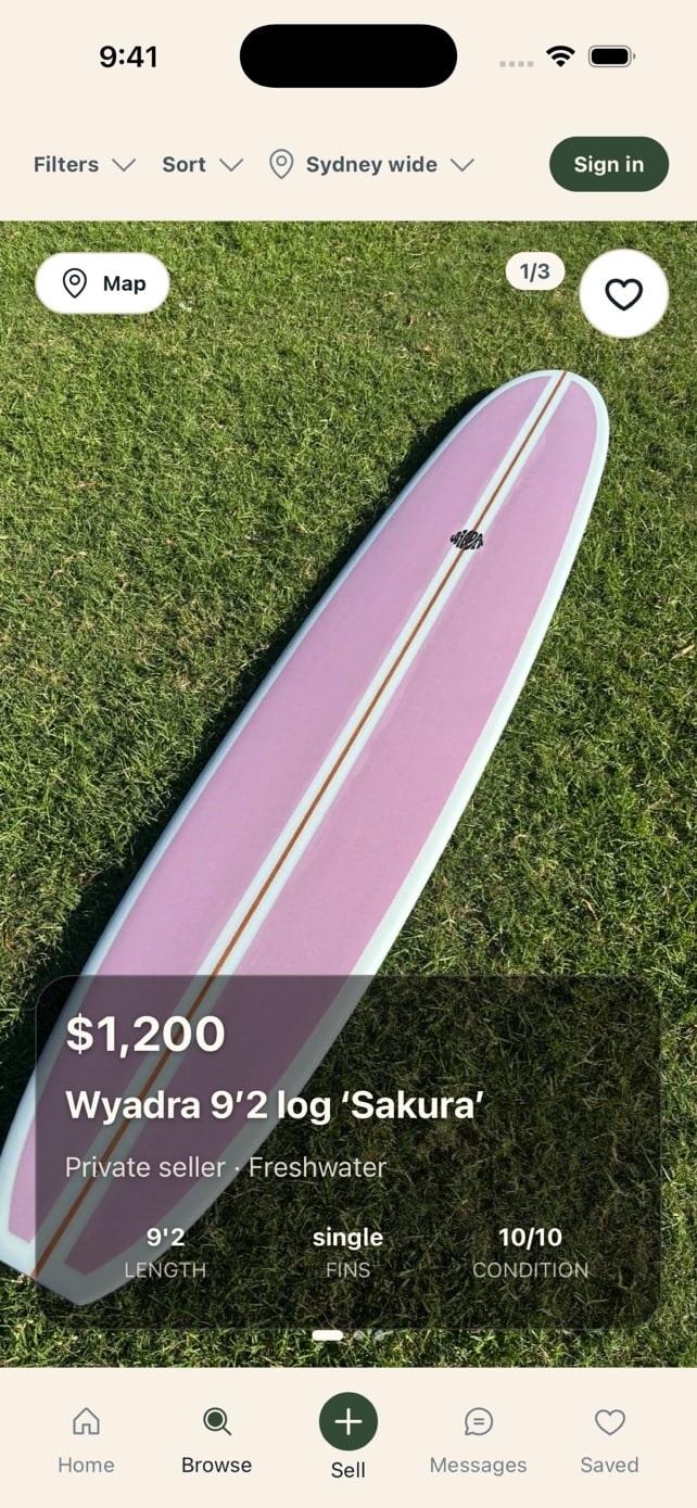 Balsa browse view showing a surfboard listing