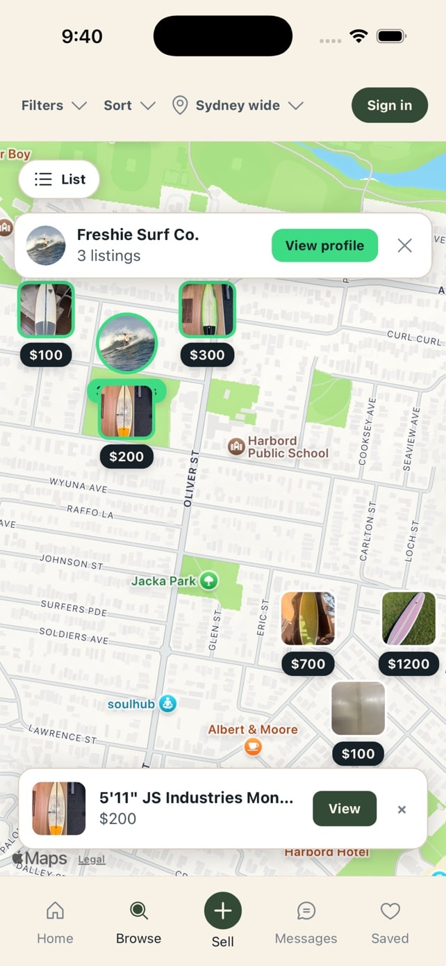 Balsa map view showing nearby surfboards and a local surf shop